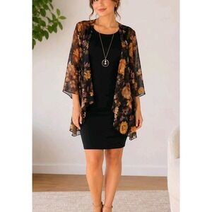 NWT Studio One 3 Pc Dress Cardigan Necklace Floral Black Gold Size Small